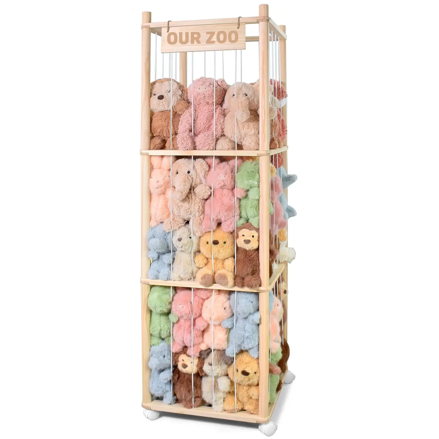 54-Inch Wooden Zoo Theme Stuffed Animal Storage Rack Box for Preschool Kids, Pet Supplies Organizer with Brake Wheels, Easy Installation, Decorative Space-Saving Bedroom Decoration for Dog & Cat Accessories