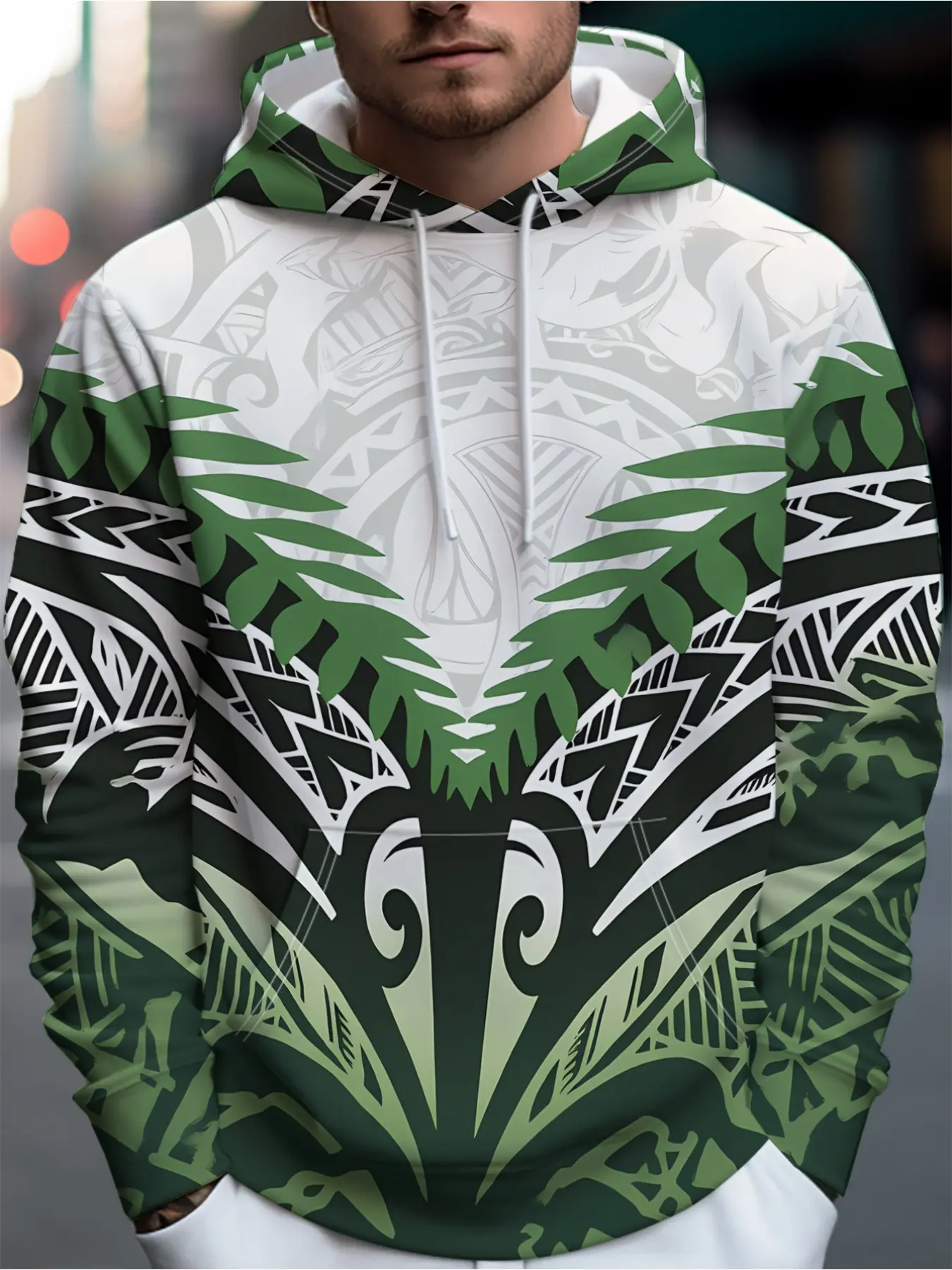 The men's trendy streetwear hooded sweatshirt with Maori-style green, white and black decorative patterns - full of streetwear trendiness, with rich and artistic pattern elements, easily creating a personalized outfit.