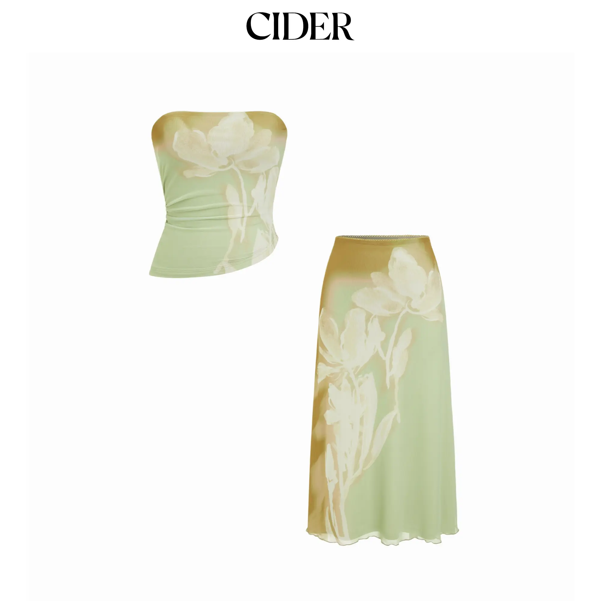 Cider Mesh Floral Wrap Tube Top & Mid Rise Pencil Maxi Skirt Set SohoChic