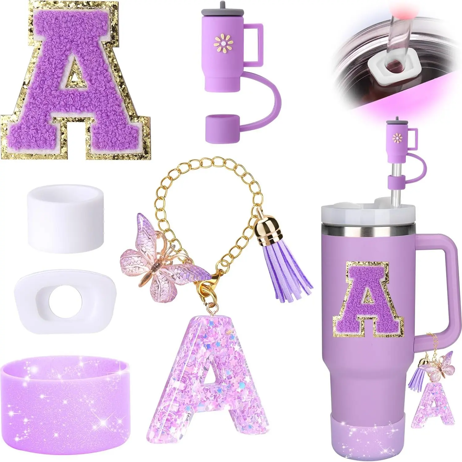6pcs Cup Accessories Set, Tumbler Accessories, Includes Silicone Lid Cap, Booties, Splash Plug, Handle Decor, Initial Stickers, No Cup Included
