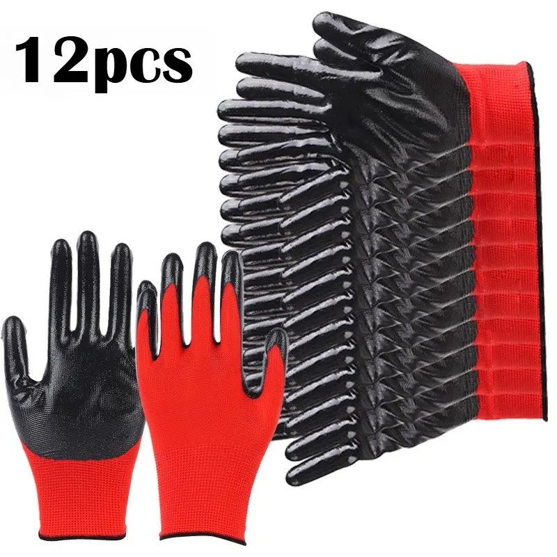 12 Pairs Nitrile Coated Work Gloves Waterproof Oil Resistant Non-Slip Breathable Safety Gloves for Mechanic Gardening Construction DIY