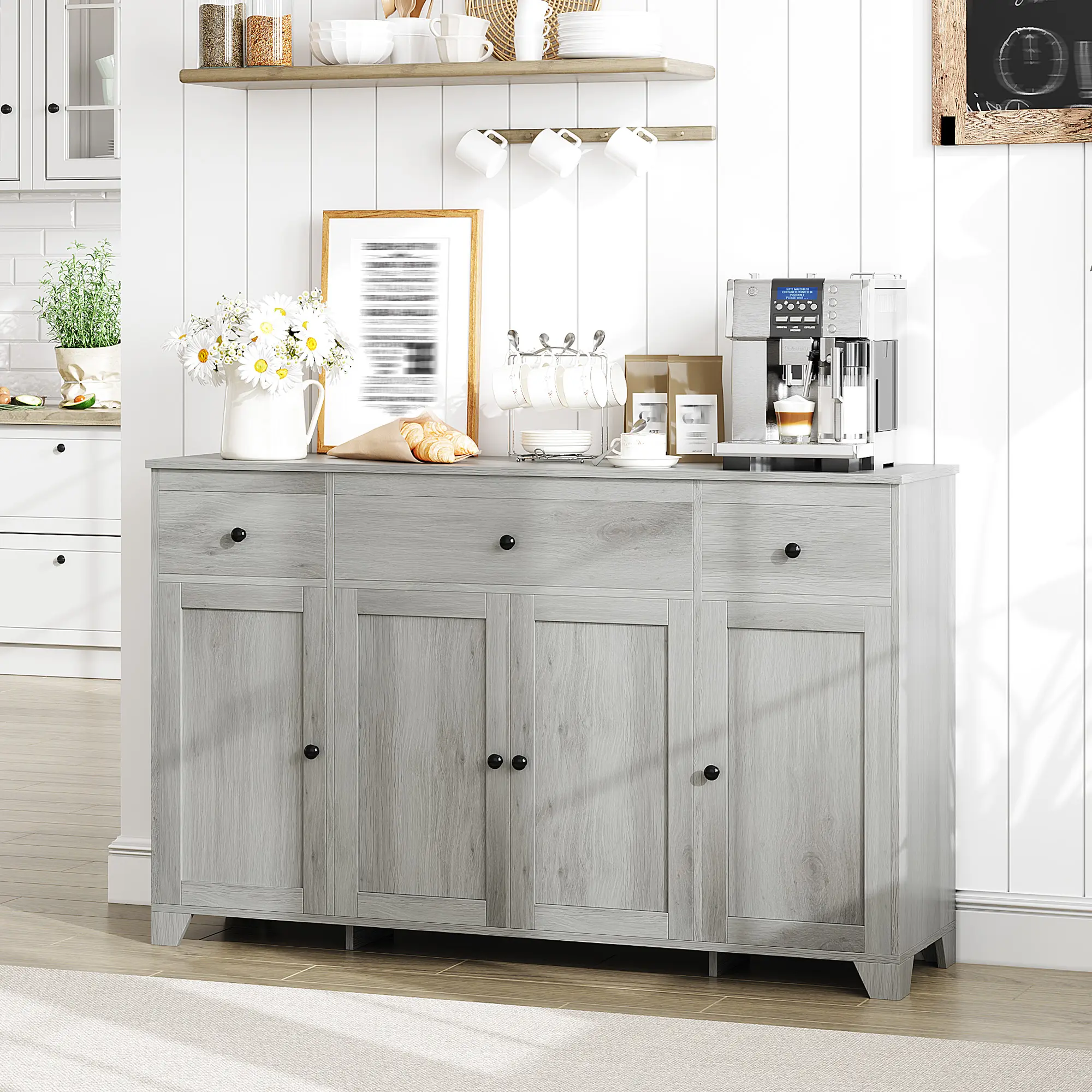 Modern Minimalist Rectangular Wooden Sideboard Cabinet - 55" Length Single Unit Entryway Storage with 3 Drawers, 4 Doors, Adjustable Shelves, Heavy-Duty Console for Kitchen, Dining Room
