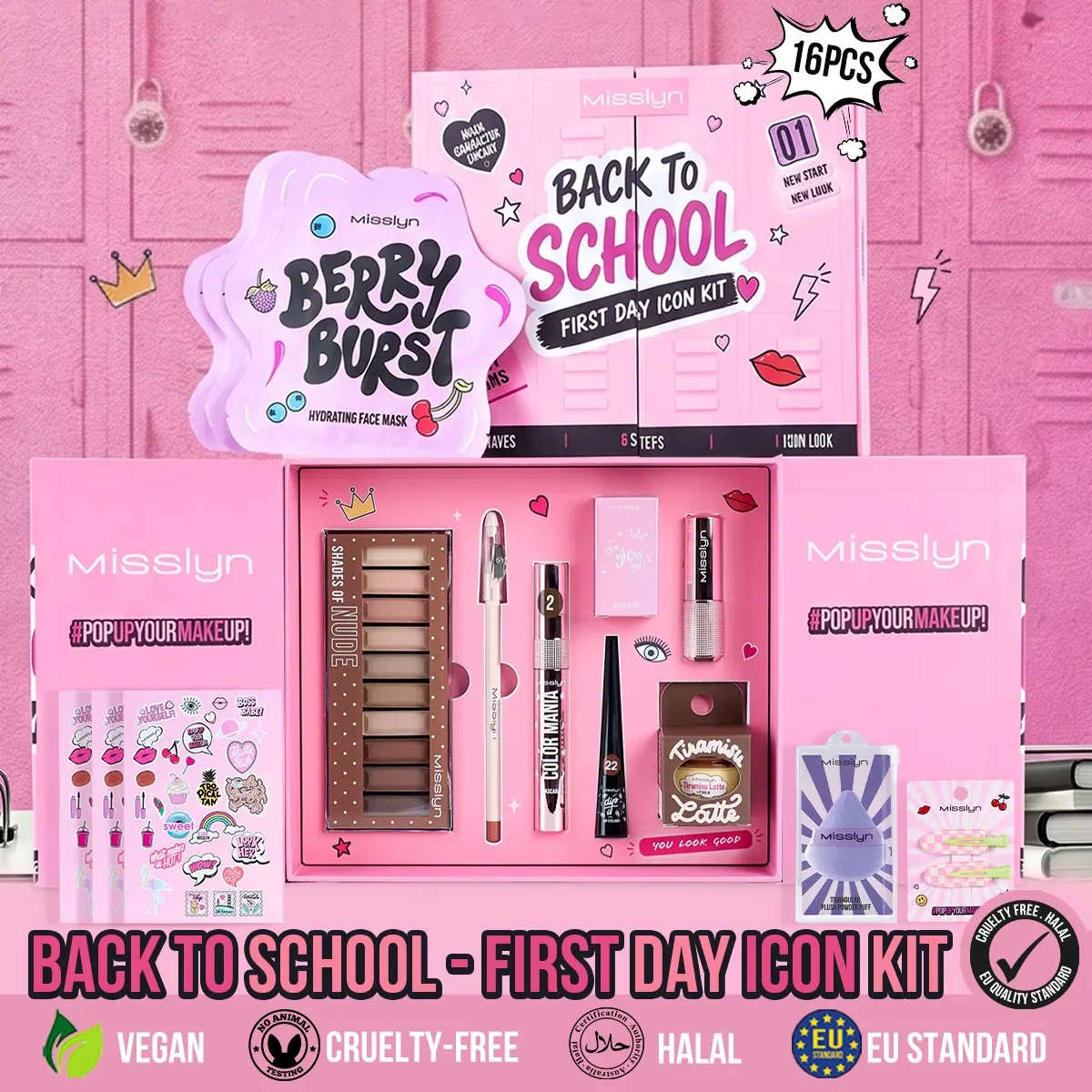 Misslyn 16pcs Back to School Makeup Kit, Full Beauty Gift Box, Vegan & Cruelty-Free, Eyeshadow Lip Liner Set for Campus Daily Use