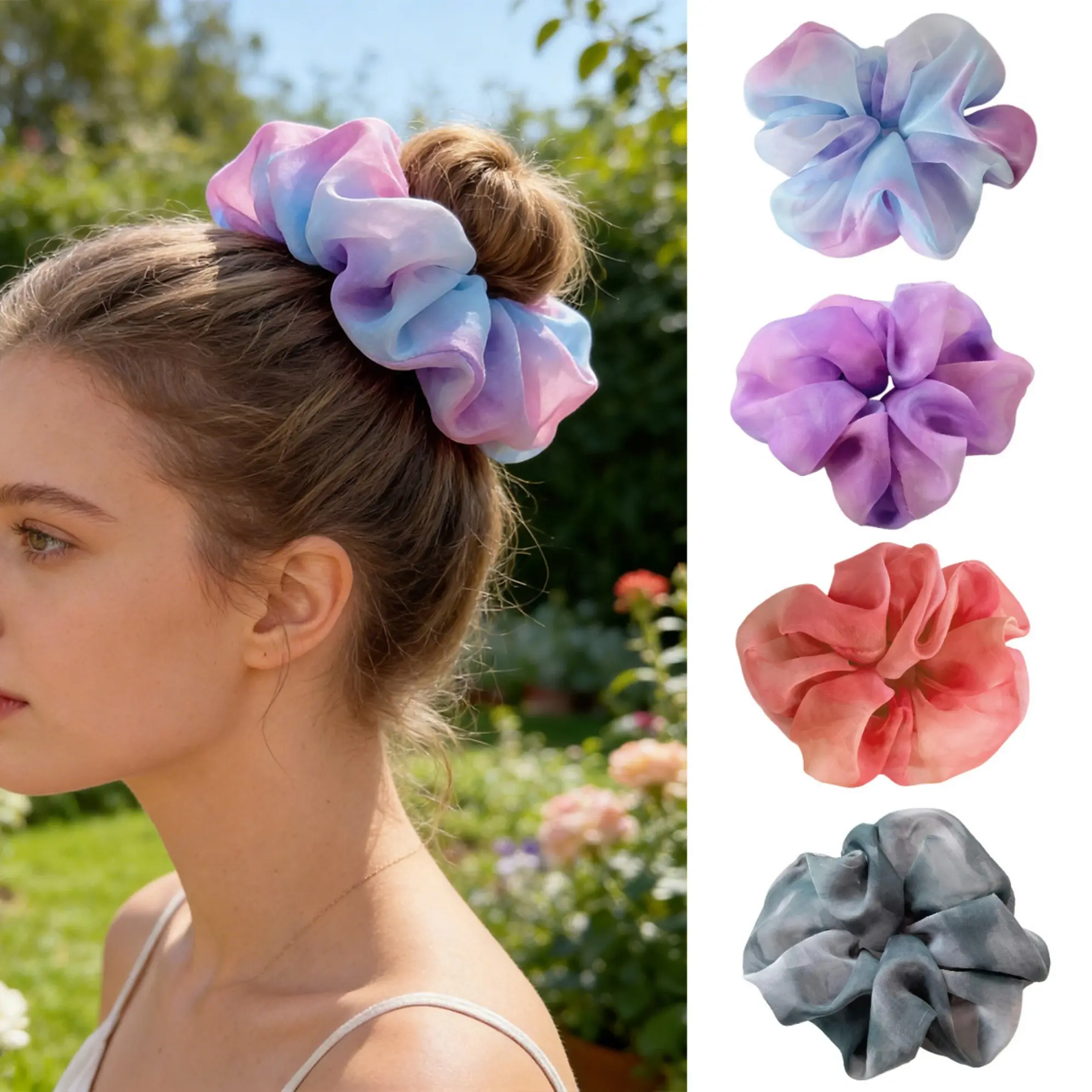 Pastel Color Scrunchies for Women, 4-Piece Solid Textured Hair Tie Set for Daily Styling, Plastic