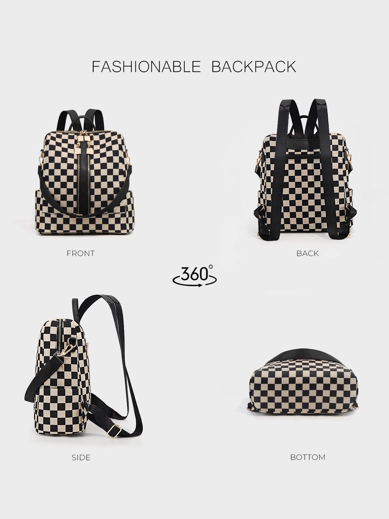 Checkerboard Pattern Backpack Set, Women'S Fashionable Vintage Trendy Casual Large Capacity Zipper Travel Backpack & Wristlet, Multifunctional Bag Set For Daily Use