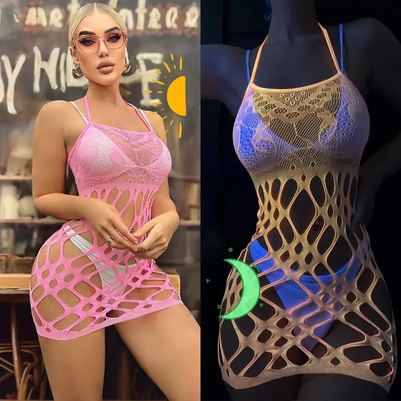 Women's Funky Romantic Baroque Glow-In-Dark Pink SL1494-Fluorescent Tearable Hollow Fishnet Bodystocking Lingerie