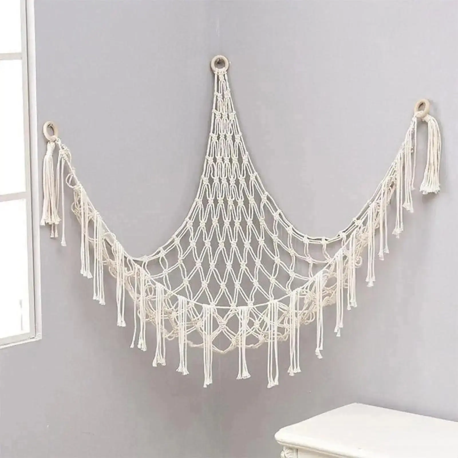 60 In Handwoven Classic Boho Cotton Rope Stuffed Animal Corner Hammock, Toy Storage Wall Hanging Organizer for Bedroom Play, Boho Decor (Indoor Recreation Equipment)
