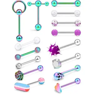 14G Surgical Steel Tongue Rings for Women Men Teaser Double Barbell with Slave Ring Skull/Flower/Silicone Soft Spike Ball/CZ/Door Knocker/Pill Tongue Ring Piercing Jewelry 5/8inch Black