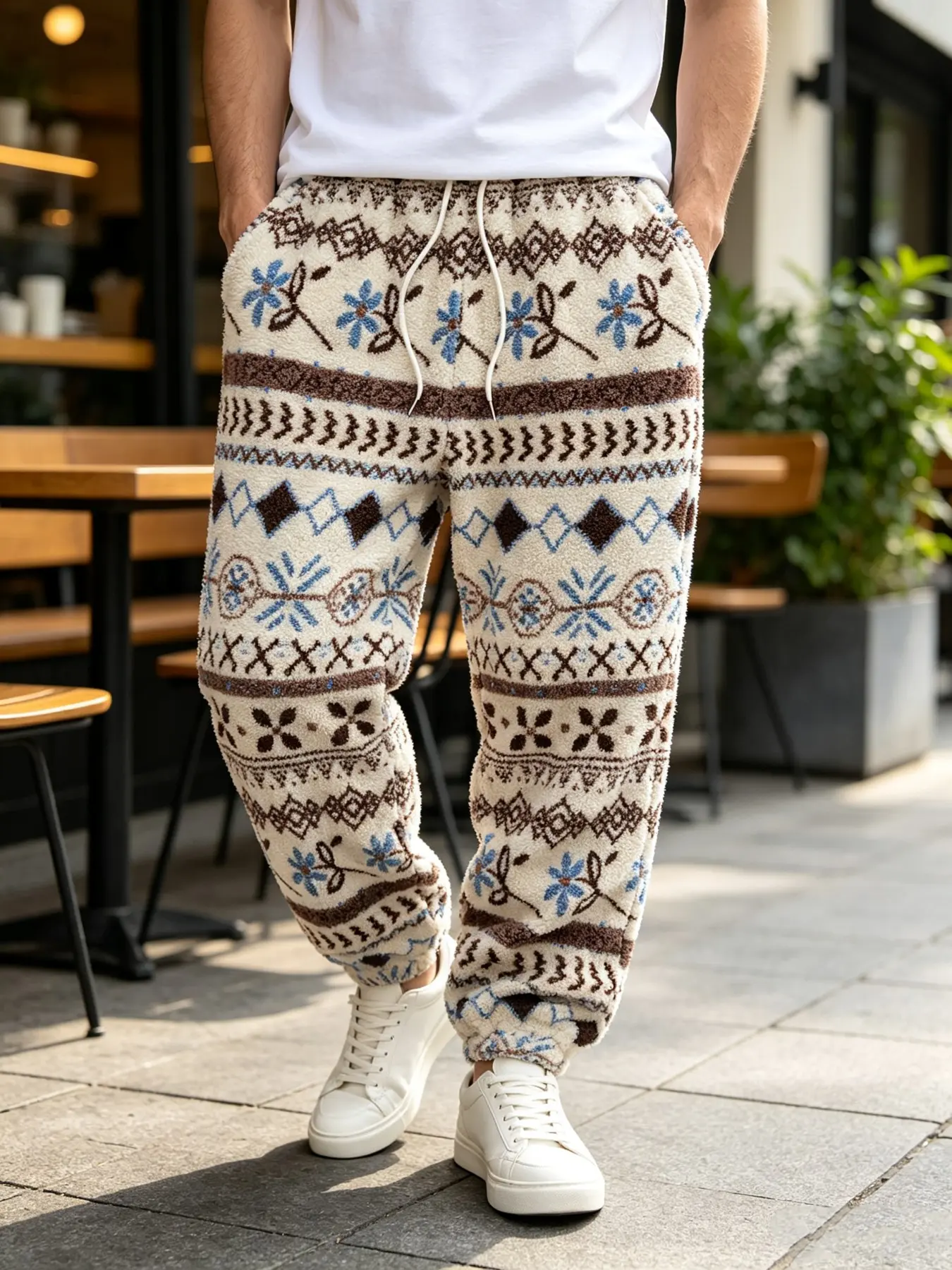 Men Ethnic Floral Soft Fluffy Joggers With Random Cutting, Drawstring Cuff Warm Printed Sweatpants, Loose Vintage Streetwear Winter Cozy Home Loungewear Trousers