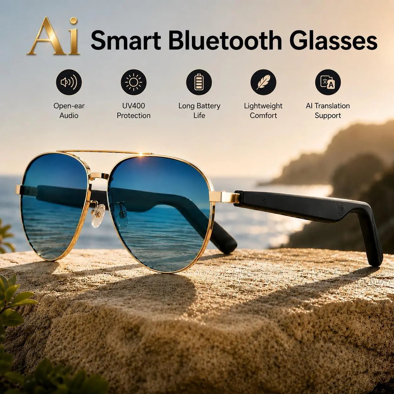 Ai Bluetooth-compatible Smart Glasses, Multilingual APP Translation, Music Goggles, Sweat-Proof, UV Protection, Ideal for Travel, Navigation, Meetings