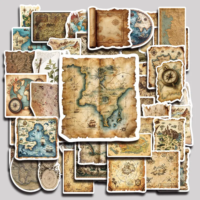 50PCS Vintage World Map Travel Aesthetic Vinyl Stickers Pack for Laptop Water Bottle Phone Case Skateboard Journal Scrapbook DIY Decoration