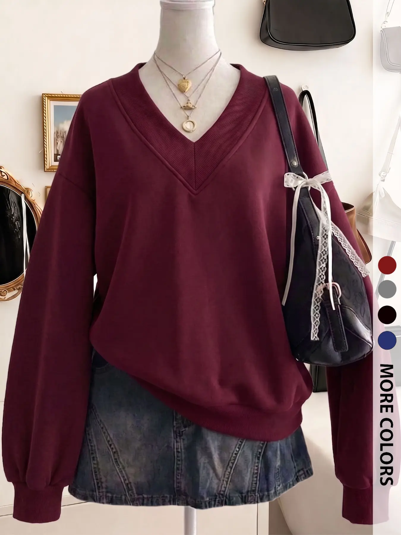 Vintage Campus Vibe: Burgundy V-Neck Long-Sleeve Sweatshirt for an Effortless Cozy Look 🖤 #vintagestyle #preppy #oversizedsweater