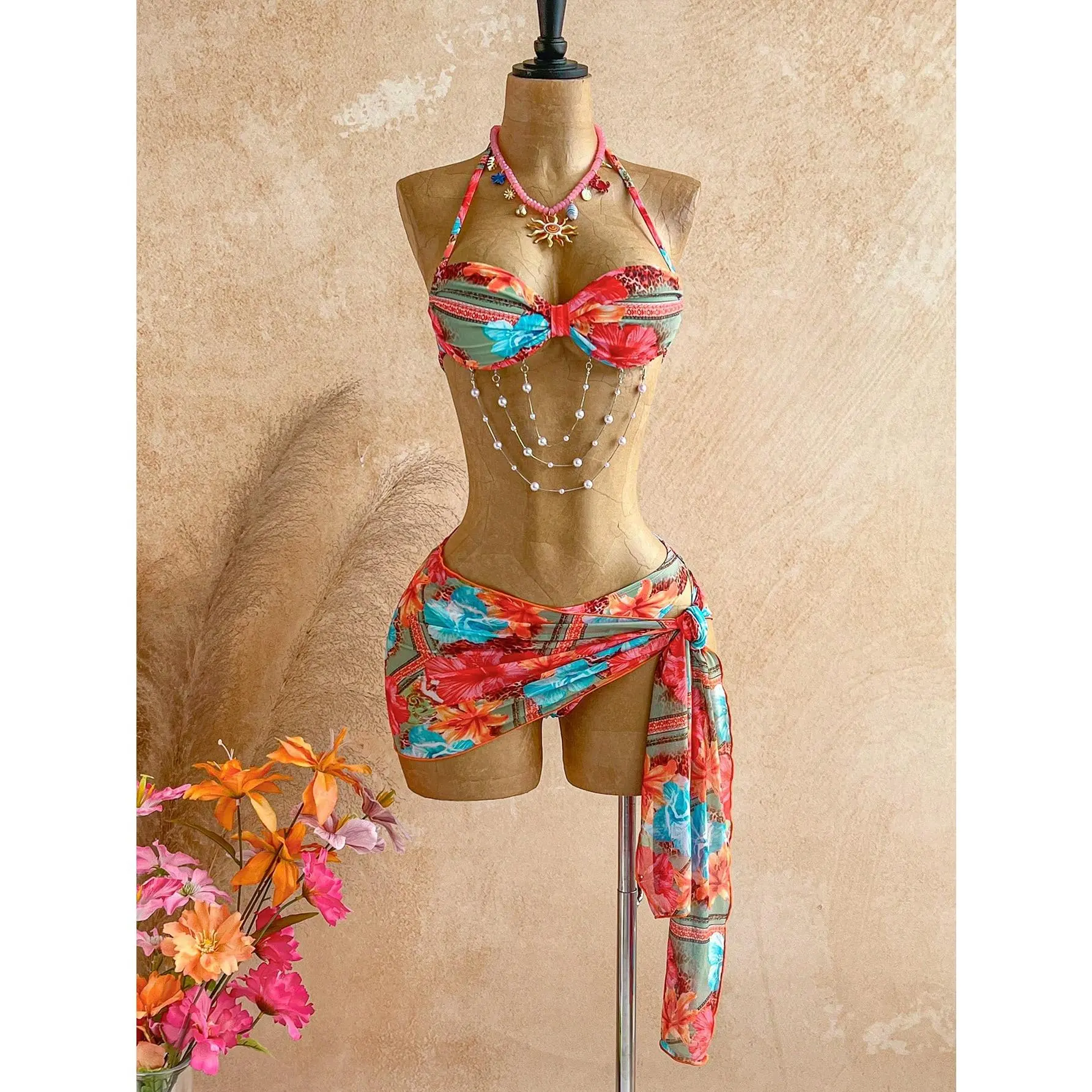 Women's Summer Beach Floral & Leopard Print Halter Tie Bikini Set With Coverup And Skirt Vacation Bathing Suit