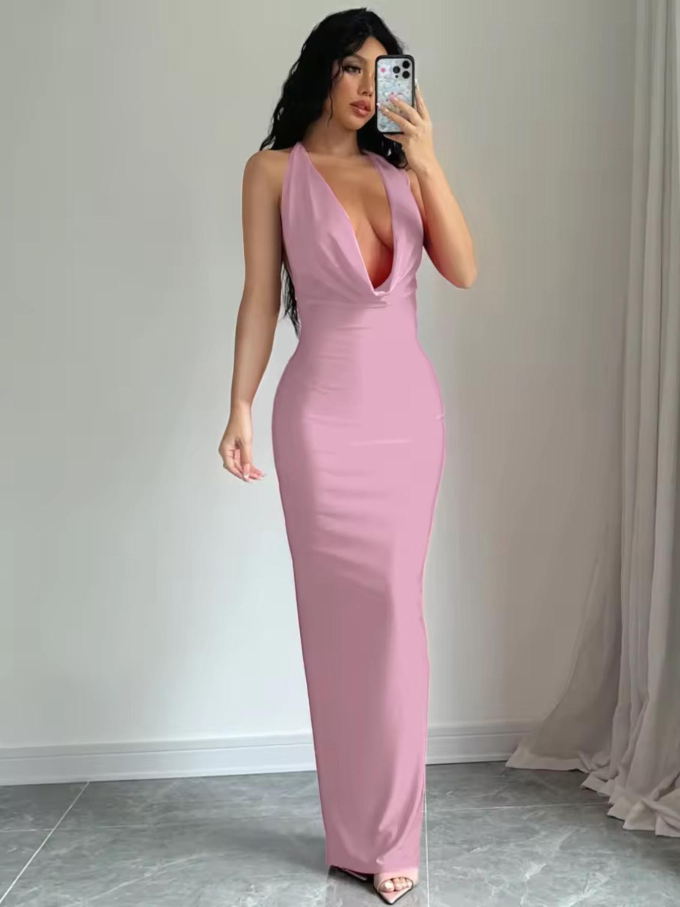 Women's Solid Backless Draped Tie Back Satin Dress, Fashion Halter Neck Sleeveless Long Slim Bodycon Dress for Evening Party, Summer Outfits 2026, Ladies Summer Clothes