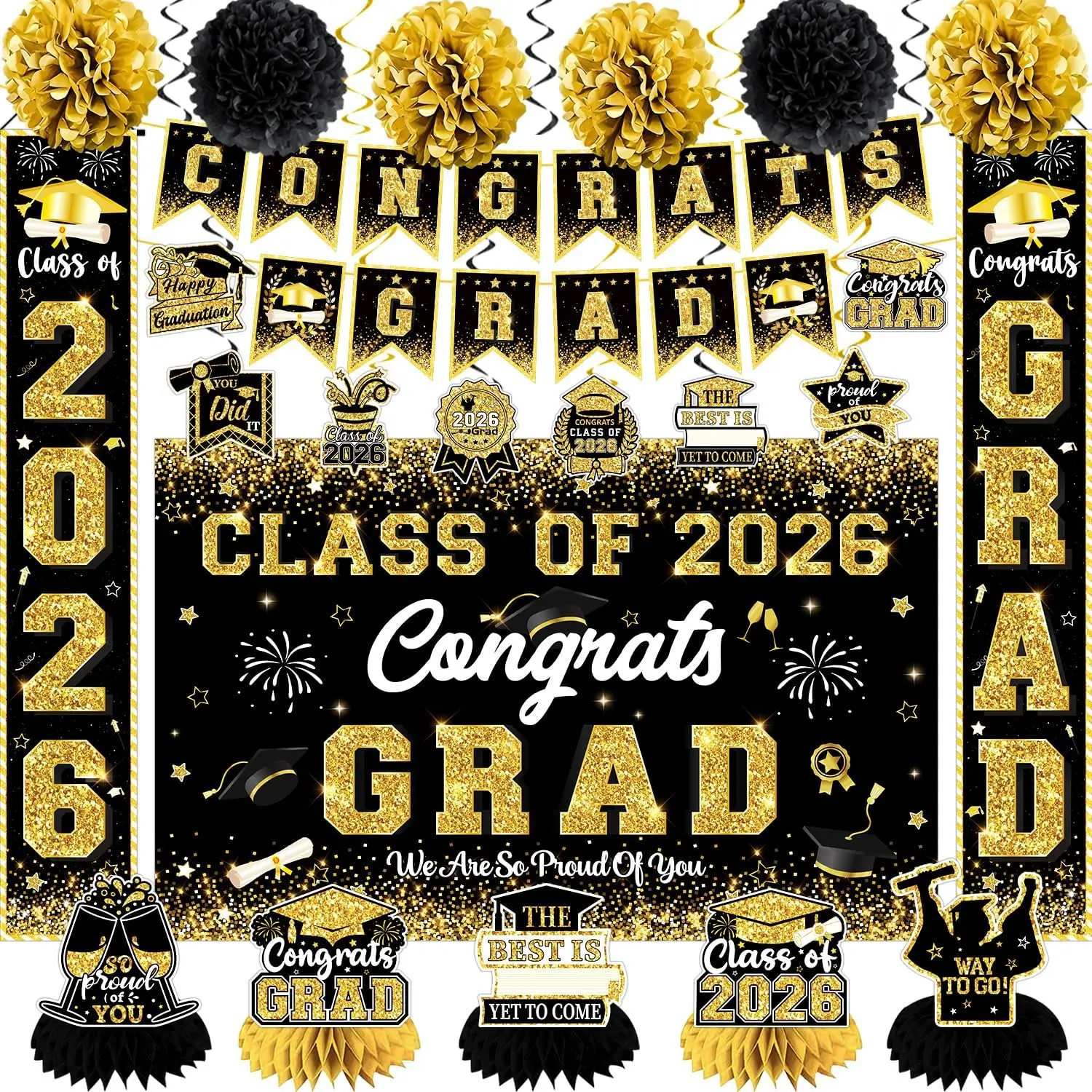 Black and Gold 2026 Graduation Decorations Set - Congrats Grad Banner, Backdrop, Hanging Swirls, Pom Poms, Honeycomb Centerpieces for High School/College Parties