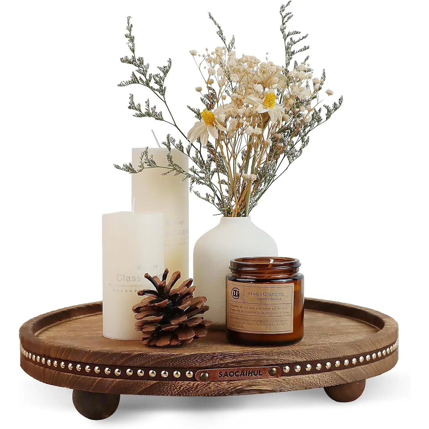 11.81in Round Decorative Tray - Decorative Centerpiece Tray for Home Coffee Table Farmhouse Kitchen Living Room Bathroom Decor