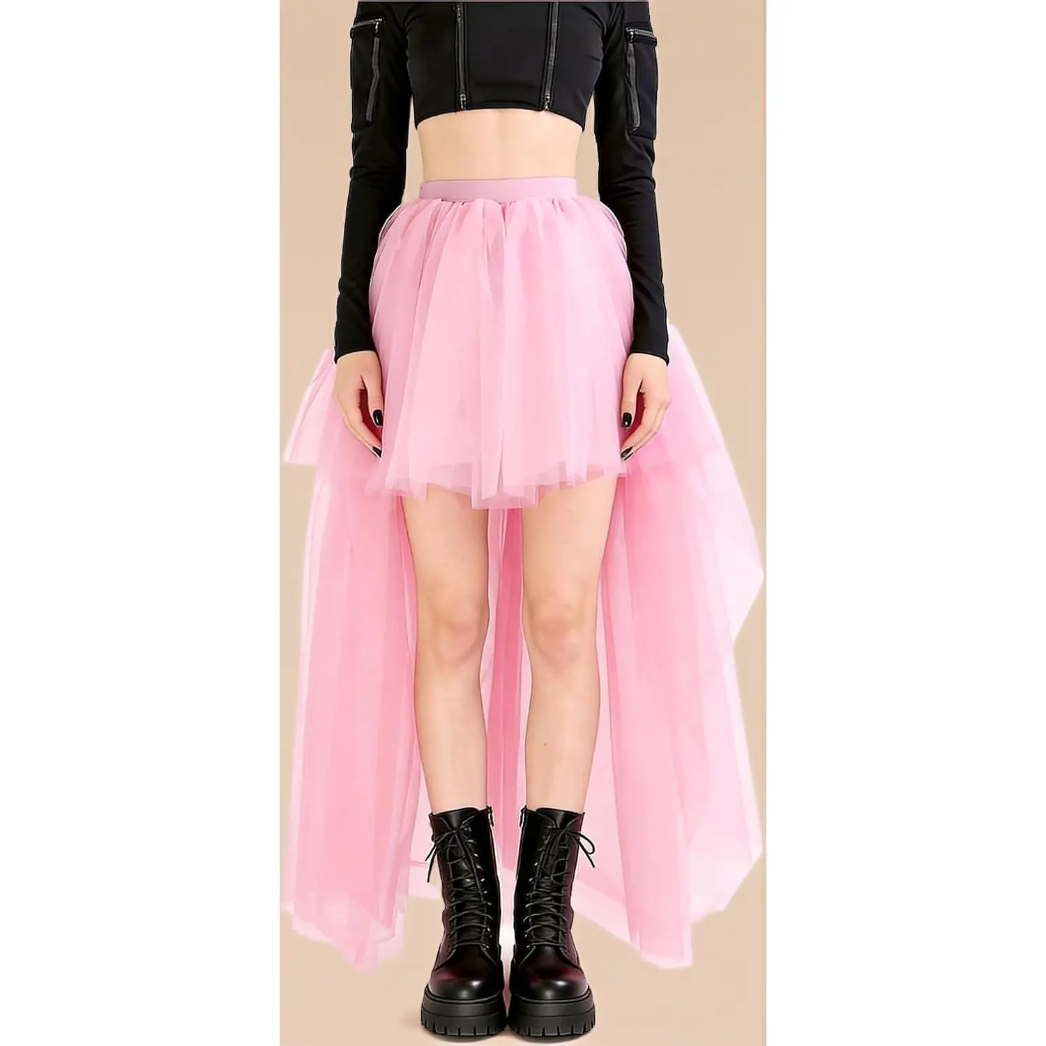 Women High Low Tutu Tulle Bustle Skirt Elastic Waist Dovetail Skirts for Wedding Party Performance