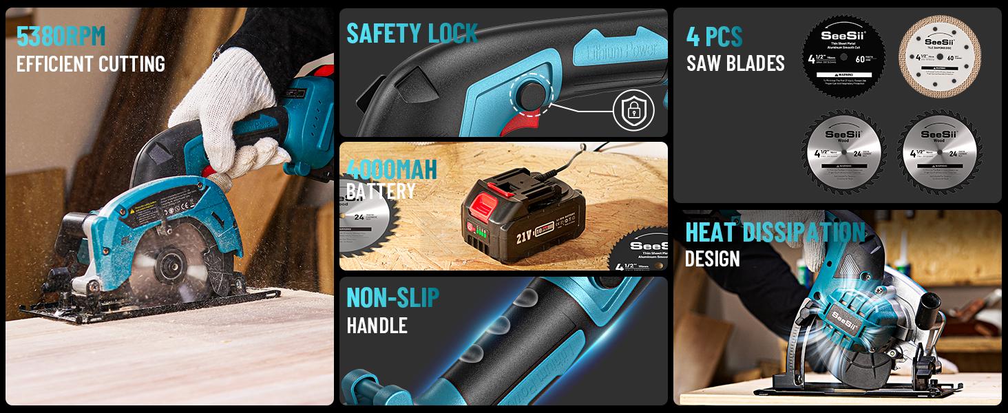 Cordless Mini Circular Saw, SeeSii 4-1/2" Electric Compact Circular Saw with 4.0Ah Battery, 5380RPM, 4 Saw Blades, Rip Guide, Max Cutting Depth 1-11/16"(90°), 1-1/8"(45°) for Wood, Plastic, Soft Metal CS410B #TikTokShopBlackFriday