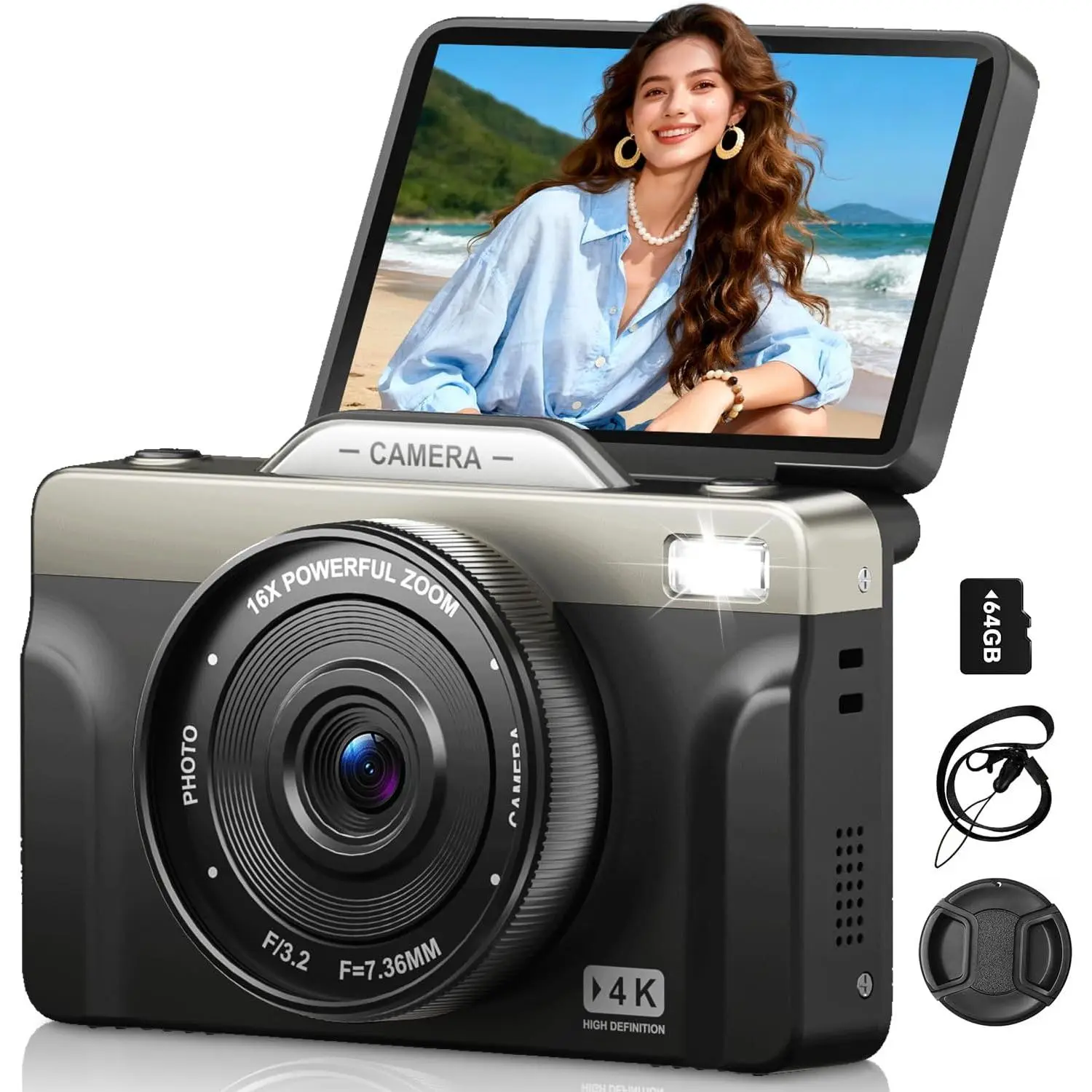 4K Digital Camera for Photography, 64MP Vlogging Travel Camera for YouTube | 2026  3" 180° Flip Screen, Autofocus Compact Cameras for Beginners Creators, 16X Zoom, 64GB TF Card, Flash (Black)