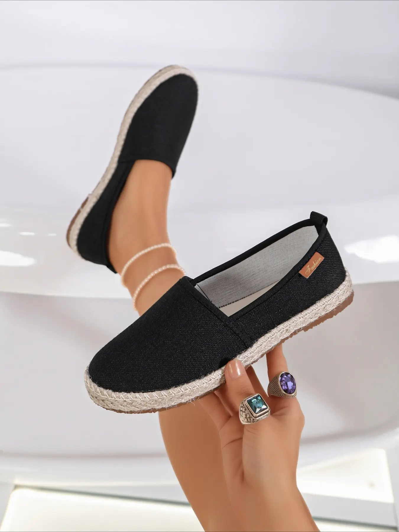 Woven slip-on espadrilles with soft breathable soles, comfy daily wear, four colors available.