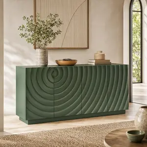 59-Inch Mid-Century Modern Green Painted Wood Curved Sideboard, 4-Door Credenza with Wave Texture & Hidden Storage for Living Room, Entryway