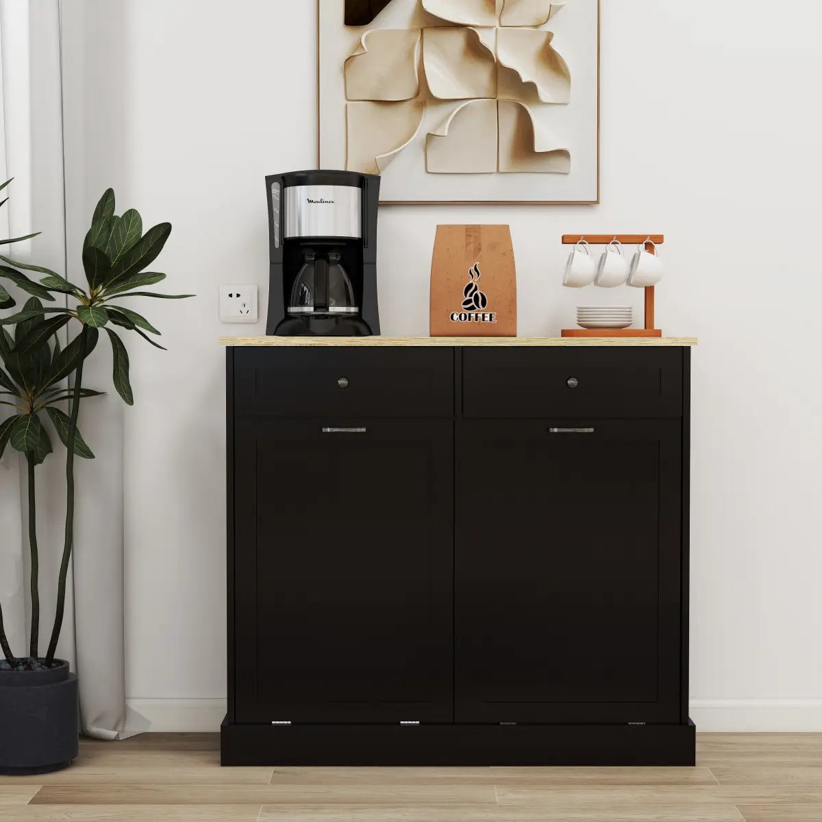 Black Rectangular Hidden Trash Can Cabinet 39.37"L*13.78"W*35.34"H, E1 Grade MDF UV Painted Kitchen Storage Cabinet with Drawers, Large Capacity Multipurpose Recycling Bin Cabinet for Home Kitchen Laundry Room