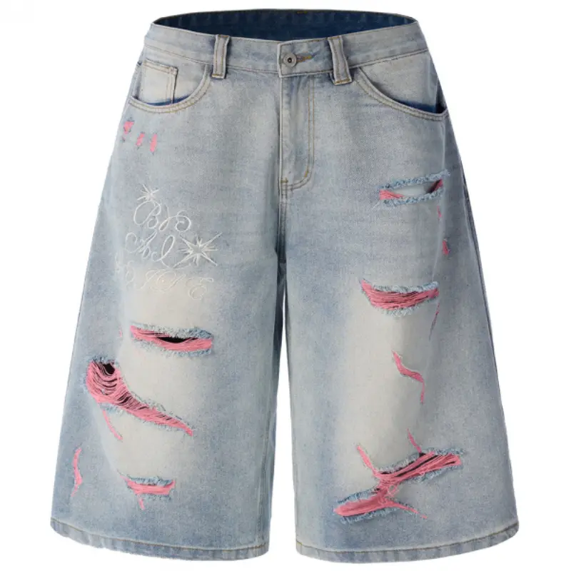 Men's Washed Gradient Pink Denim Shorts, 5-Inch Streetwear Clothing with Letter & Star Embroidery, Frayed Hem and Contrast Lining, Cursive Letter, Ripped, Tee, Fashion, Father's Day, Five Inches