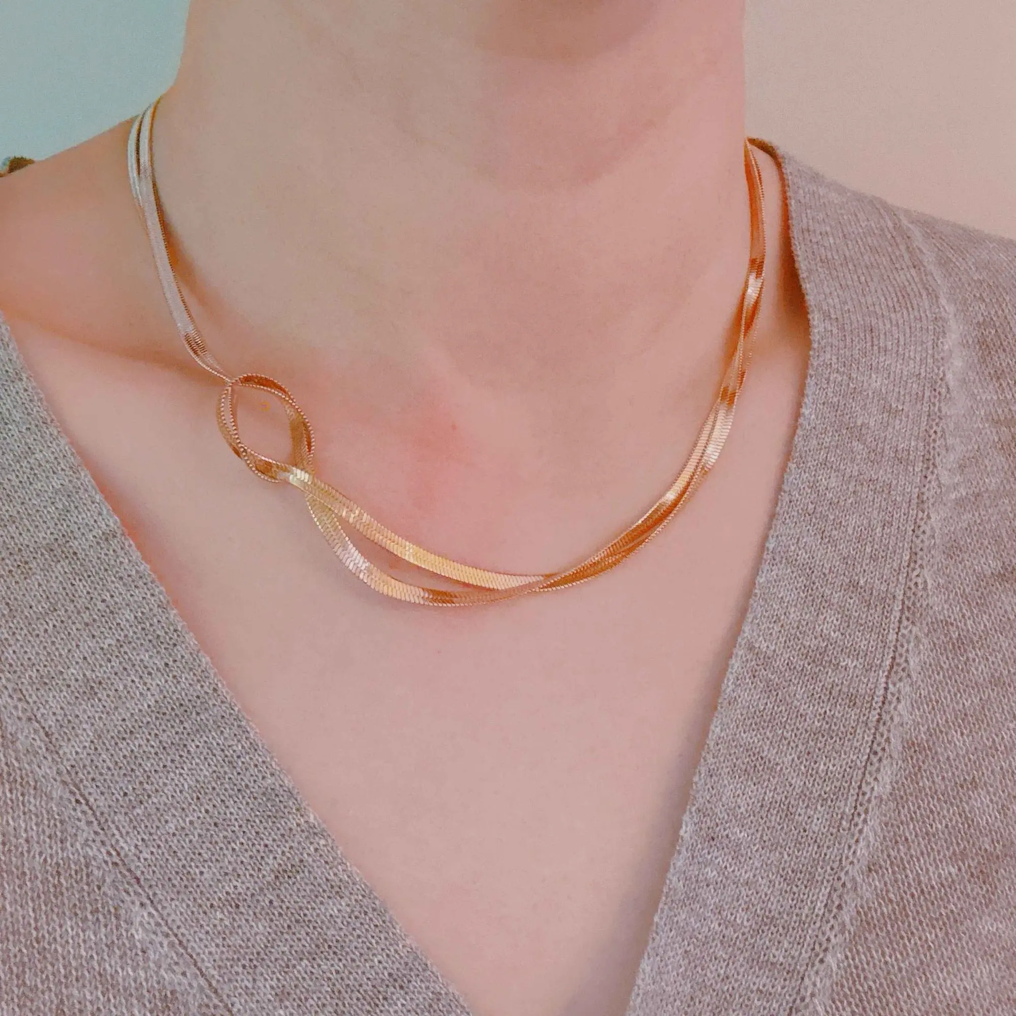 2-Tone Knotted Herringbone Chain Costume Jewelry Necklace
