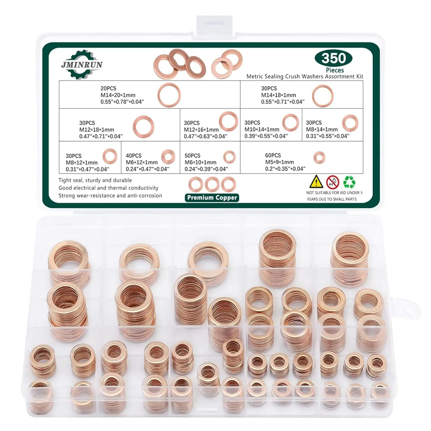 350 PCS, Copper Metric Sealing Crush Washers Assortment Kit, Flat Oil Drain Plug Crush Washer Gasket Seal Set, Bolt Washers for Automotive, Motorcycles 10 Size