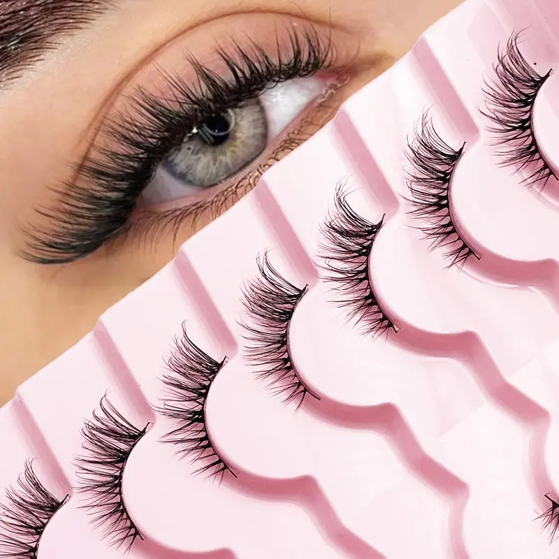 Natural 7 Pairs Half Eye Lash Mermaid Tail Cat-Eye Faux-Mink Lashes, Fluffy False Eyelashes, Black-Band 3D Wispy Shorties, Soft Natural Volume For Desk-To-Date, Brunch, Zoom Calls, Passport-Photo Ready, Wedding Guests, Travel & Festival Looks