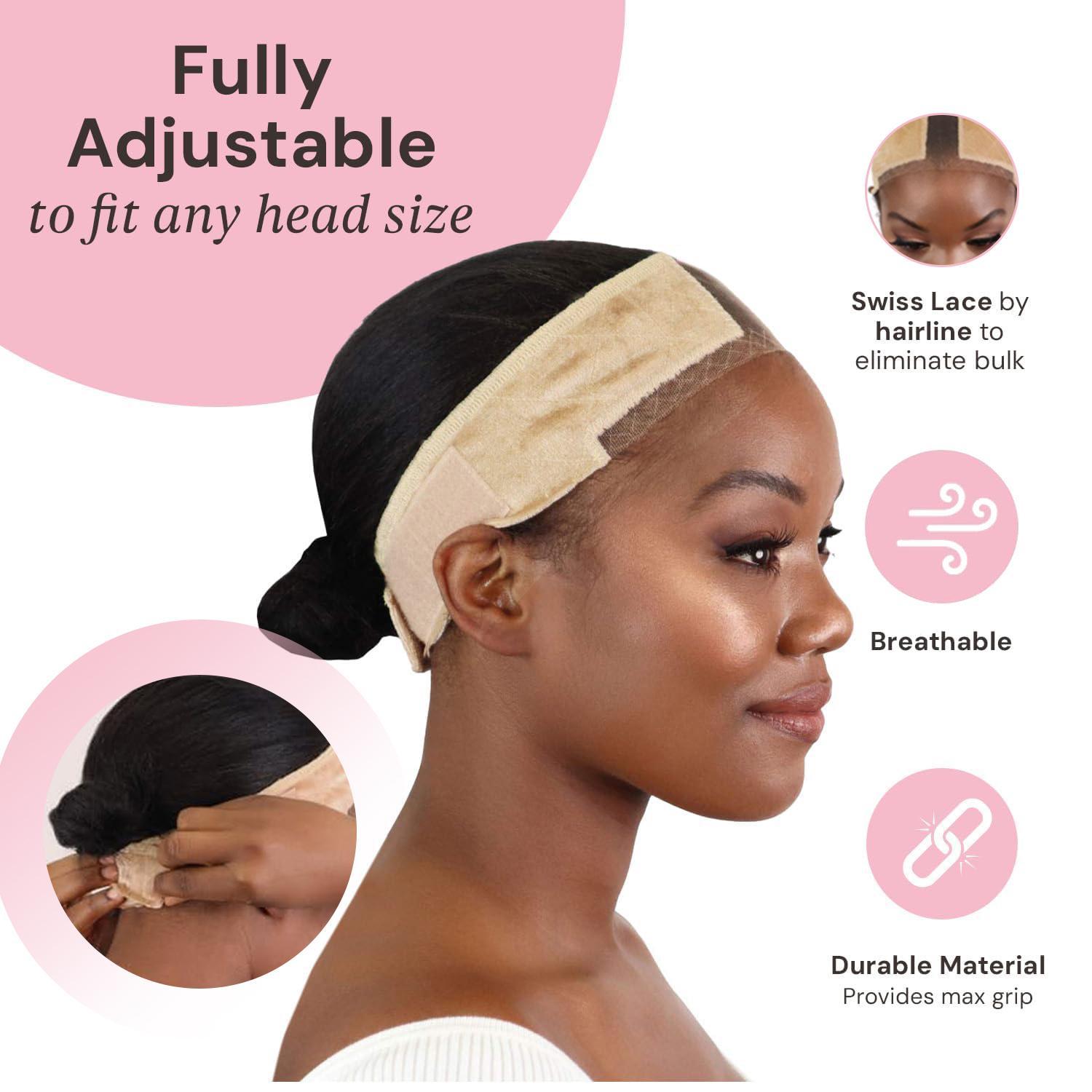 Adjustable Lace Wig Grip Band, Wig Grip Band for Lace Front Wigs, Wig Gripper with Ear-cutouts, Natural Lace Edge, Comfortable Breathable No-headache Comfortable and Secure Glueless Velvet Headband