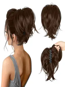 Ponytail Extension Synthetic Messy Bun Hair Piece 8Inch Short Wavy Ponytail Extension Faux Pony Tail Clip Claw Clip Hair Extensions for Women