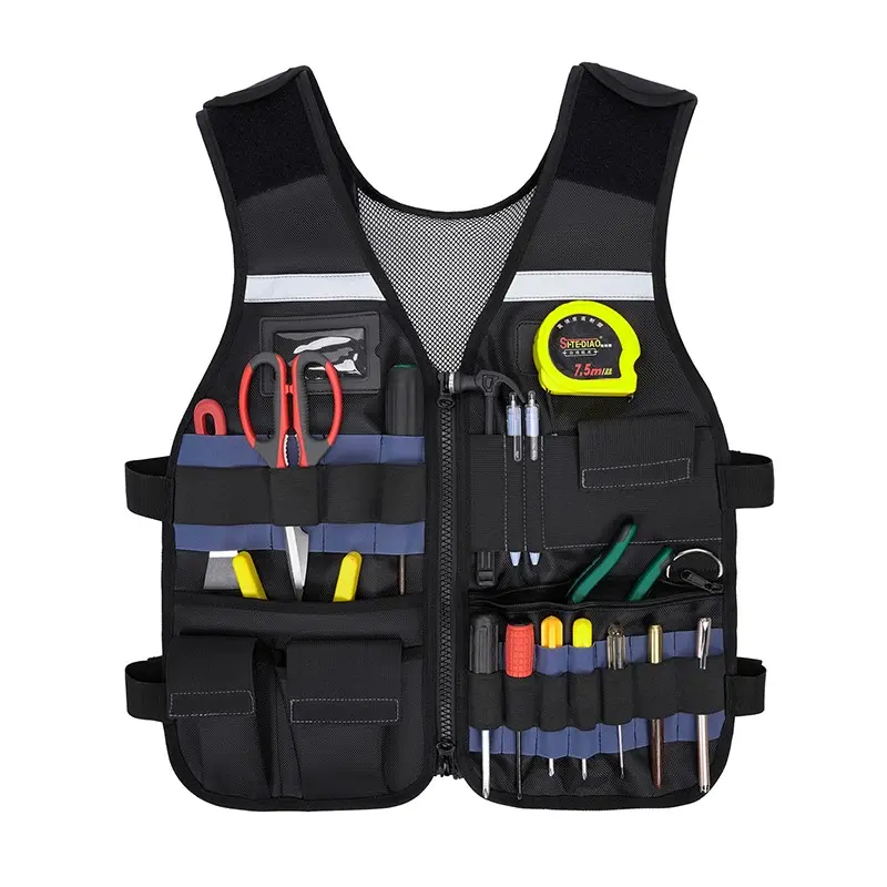 Reflective Safety Tool Vest, Oxford Multi Pocket, Adjustable Breathable Work Tool Storage Vest, for Electrician Carpenter, Construction Gear