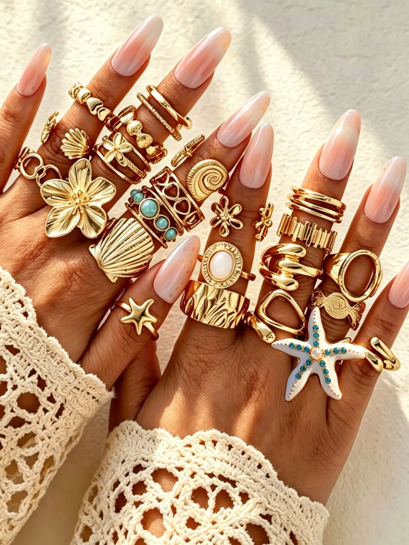Women's Ring Set, Vintage Elegant Boho Chic Stackable Turquoise Star Flower Heart Shell Rings, Party Beach Date Gift Jewelry