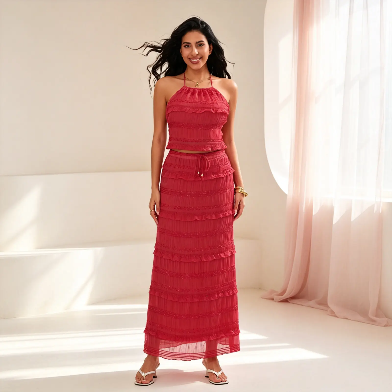 Women Summer Outfit Shirred Tie-up Halter Neck Sleeveless Open Black Tank Tops Drawstring Long Skirt 2 Pcs Set