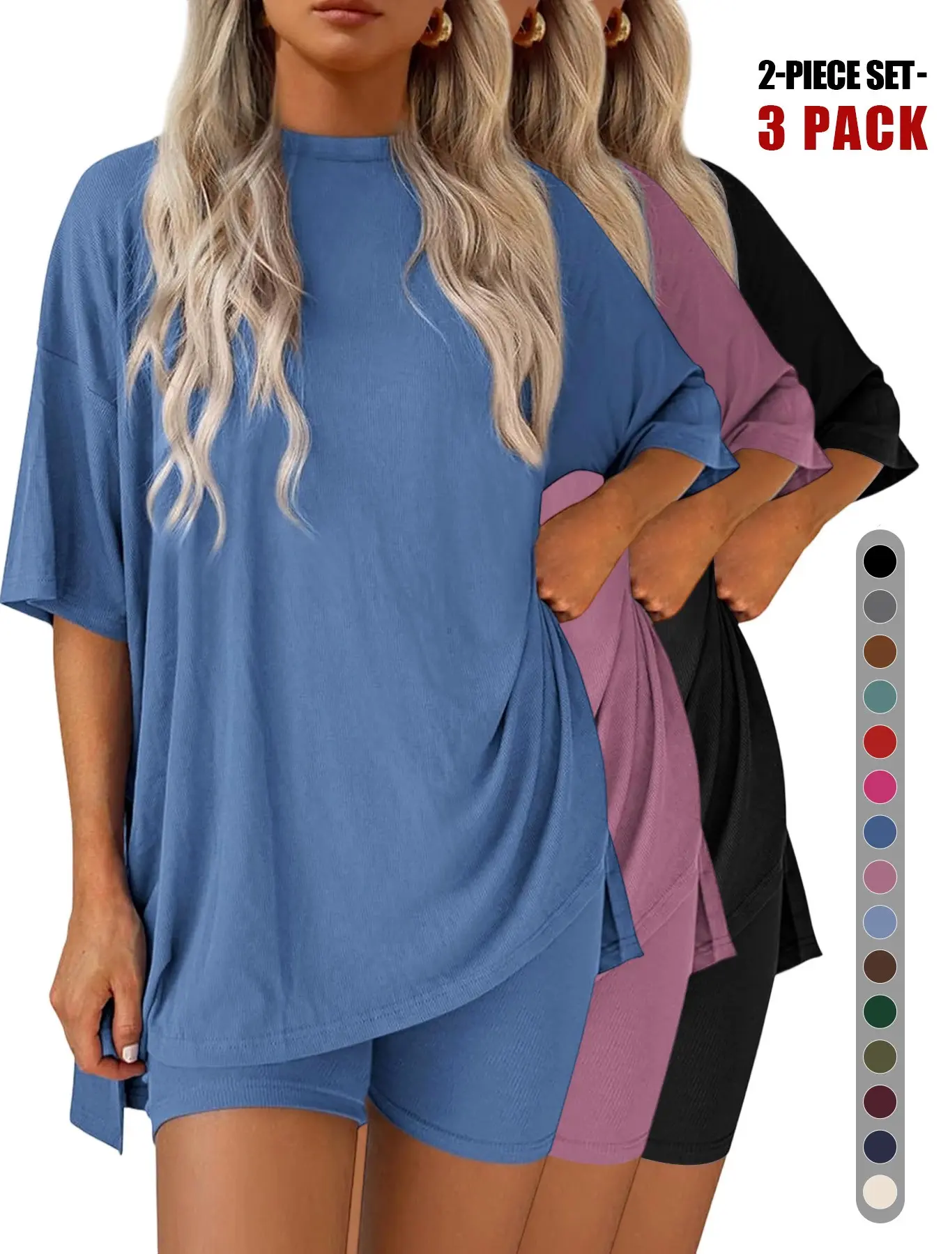 2026 French Minimal Ribbed Knit 2 Piece Loungewear Set Matching Pj Set, Summer Oversized Top & Biker Shorts, Figure-Flattering Casual Pajamas Nightwear Pjs