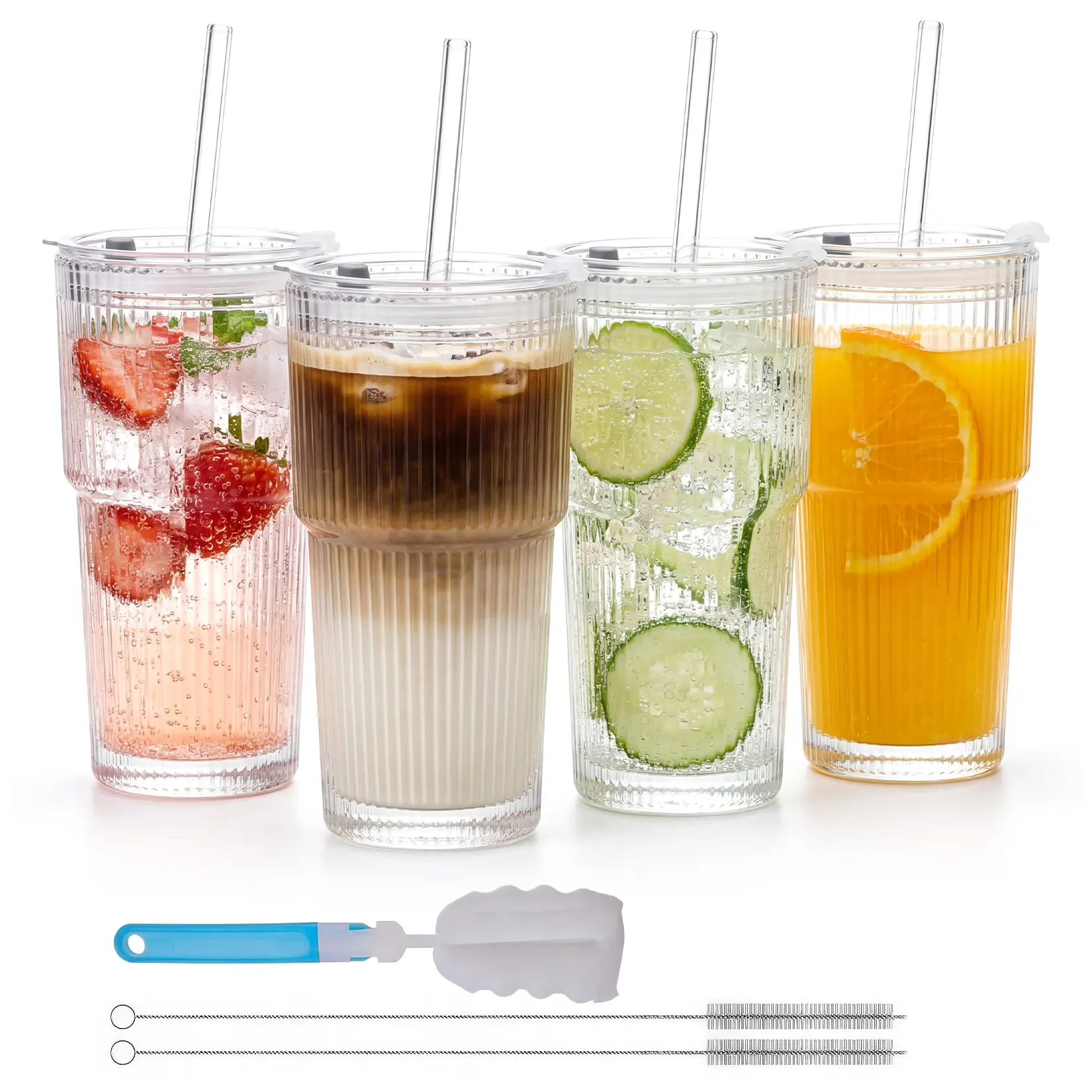 Gaomon 4 Pack Ribbed Glass Tumblers with Lids and Straws, 20oz Iced Coffee Cups with Silicone Sleeves, Reusable Glass Drinking Glasses for Home Office, Dishwasher Safe, Aesthetic Kitchenware