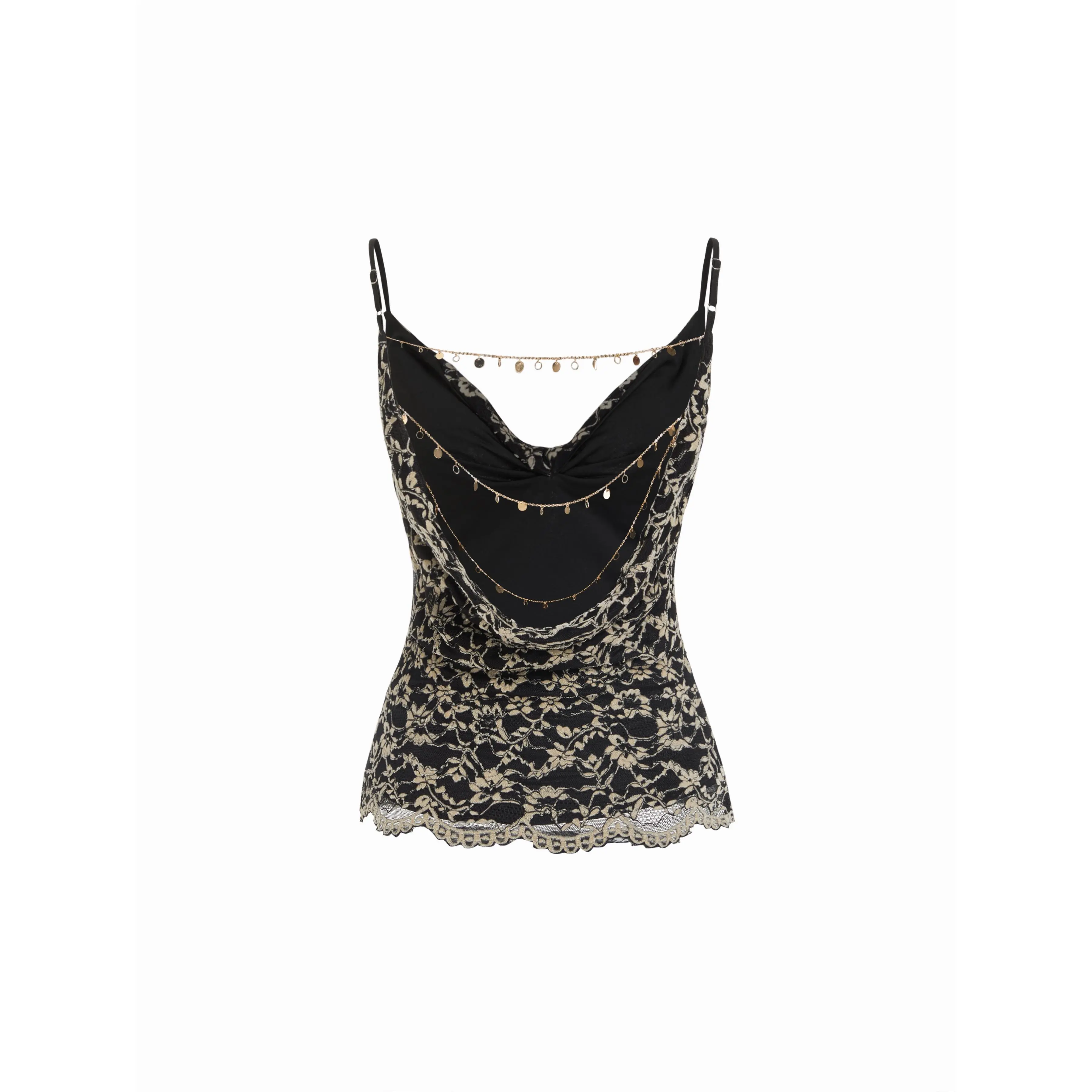 Cider Lace Cowl Neck Ruffled Backless Cami Top With Chain SummerFinds
