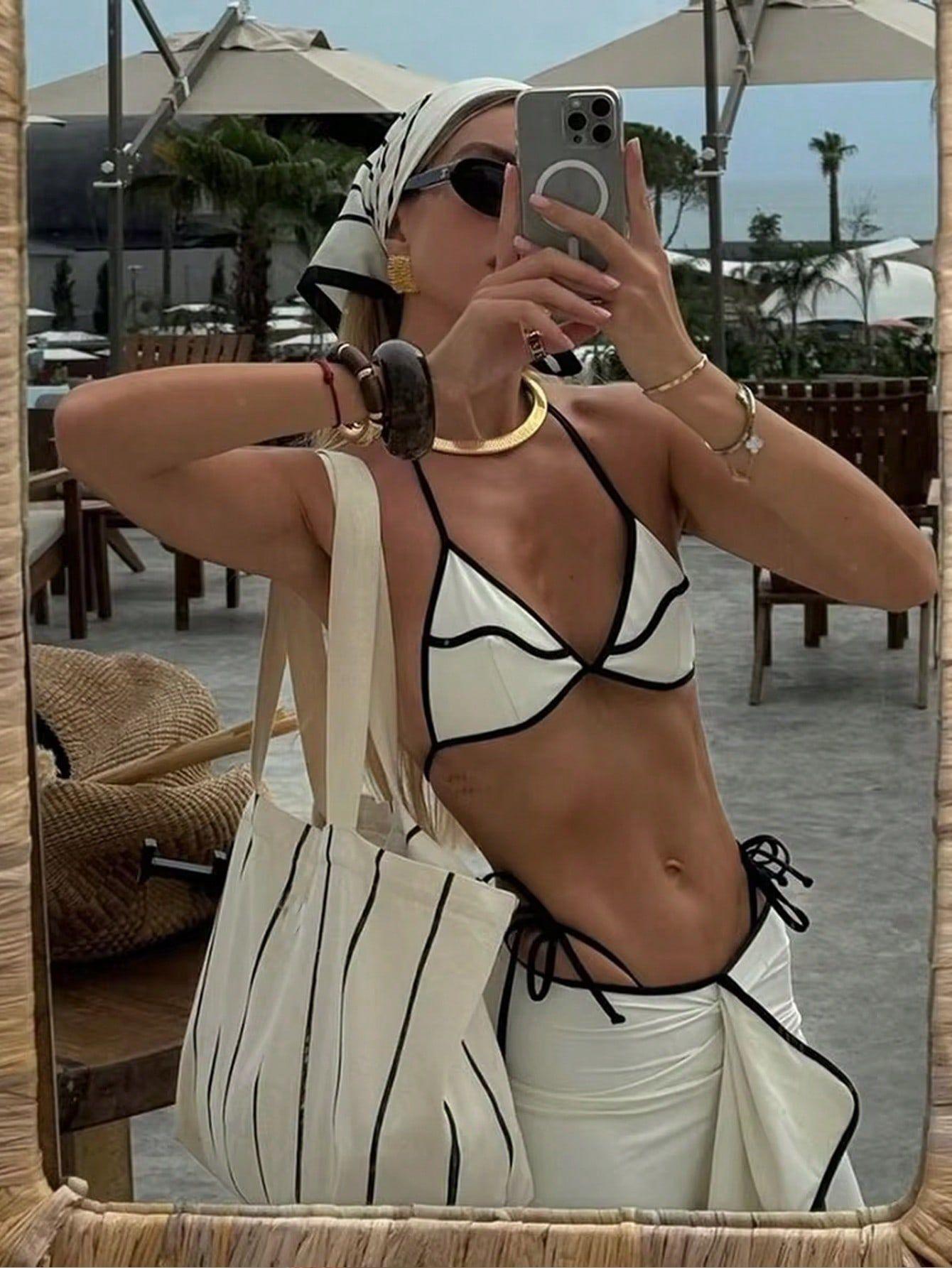 Women's Blue Paisley 3-Piece Swimsuit Set with Cover Up - Halter Bikini & Maxi Beach Cover Up for Summer Vacation,#ResortWear & Poolside Outfits,Floral triangle cup camisole dress, bikini three-piece swimsuit