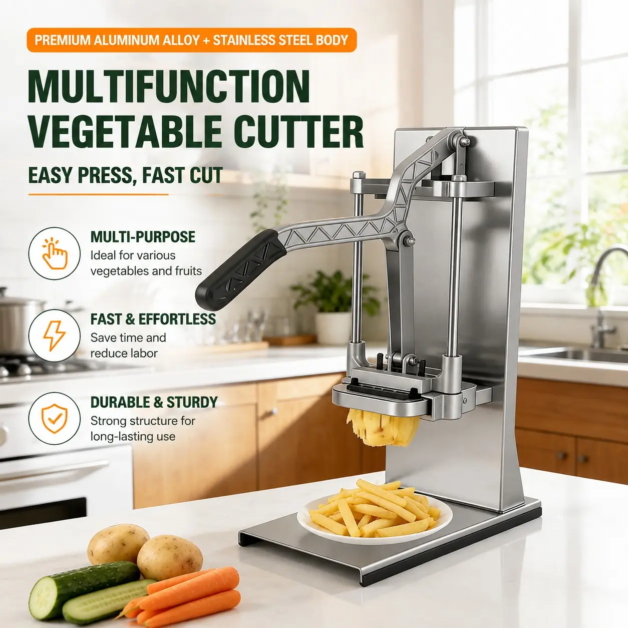 Manual Vegetable Cutter with Replaceable Blades, Stainless Steel Potato French Fry Cutter, Vegetable Dicer for Home Kitchen