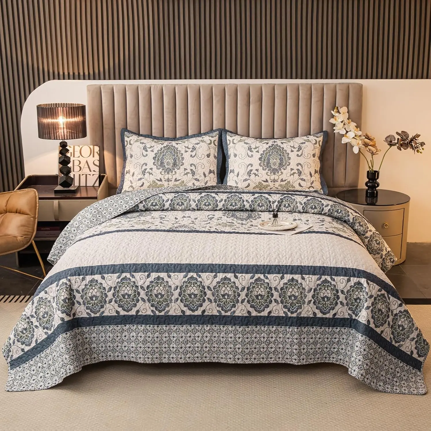 Bohemian Twin Size Comforter Sets -2 Pieces (1Quilt,1 Pillow Shams) with Reversible Bedspreads Bohemian Patchwork Bedding Set Sleep Companion(Dark Blue)