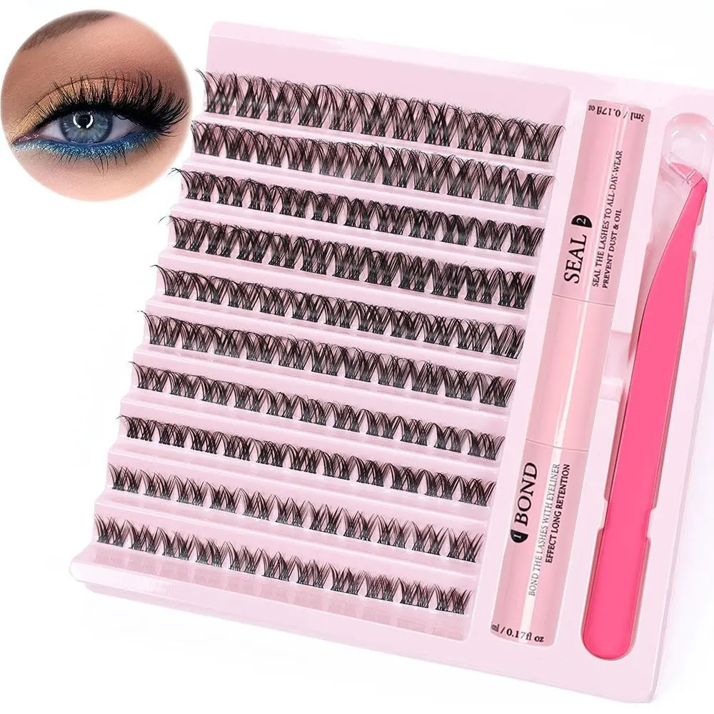 1-box eyelash extension kit with waterproof eyelash adhesive and sealing, eyelash tweezers, clustered eyelashes, Diy Eyelashes Clusters, DIY eyelash kit for beginners, segmented single clustered false eyelashes self grafting set