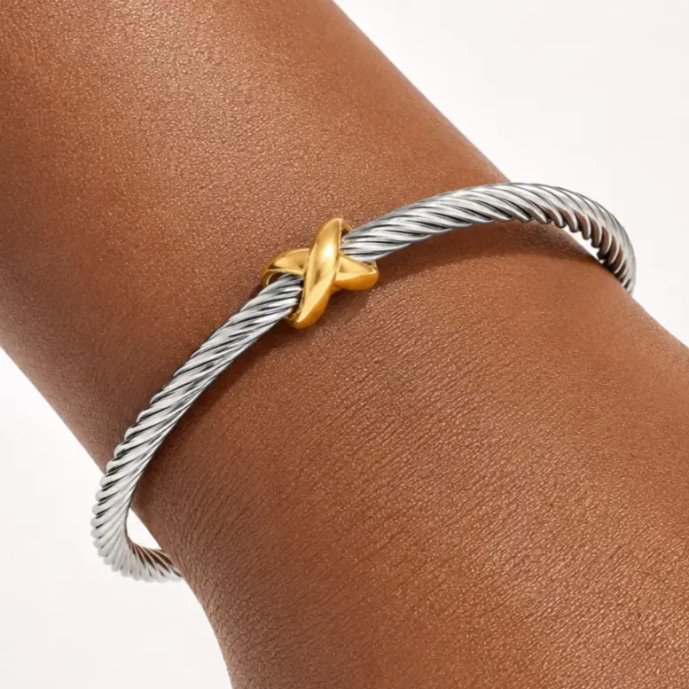 Two-Tone Twisted Cable Open Bangle Bracelet, 4mm Stainless Steel Rope Wire Cuff with 18K Gold Cross Center, Adjustable Silver Gold Minimalist Wrist Jewelry for Women