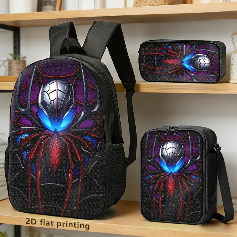 Red Blue Purple 3Pcs Mechanical Spider Full Wrap Backpack Kit, Includes Crossbody Bag And Storage Pouch For Youth Daily Use # TikTokMadeMeBuyIt # MechanicalSpiderBags # TeenSchoolSupplies # GraphicBagSet # BackToSchoolFind # FullPrintBags # TeenTravelGear