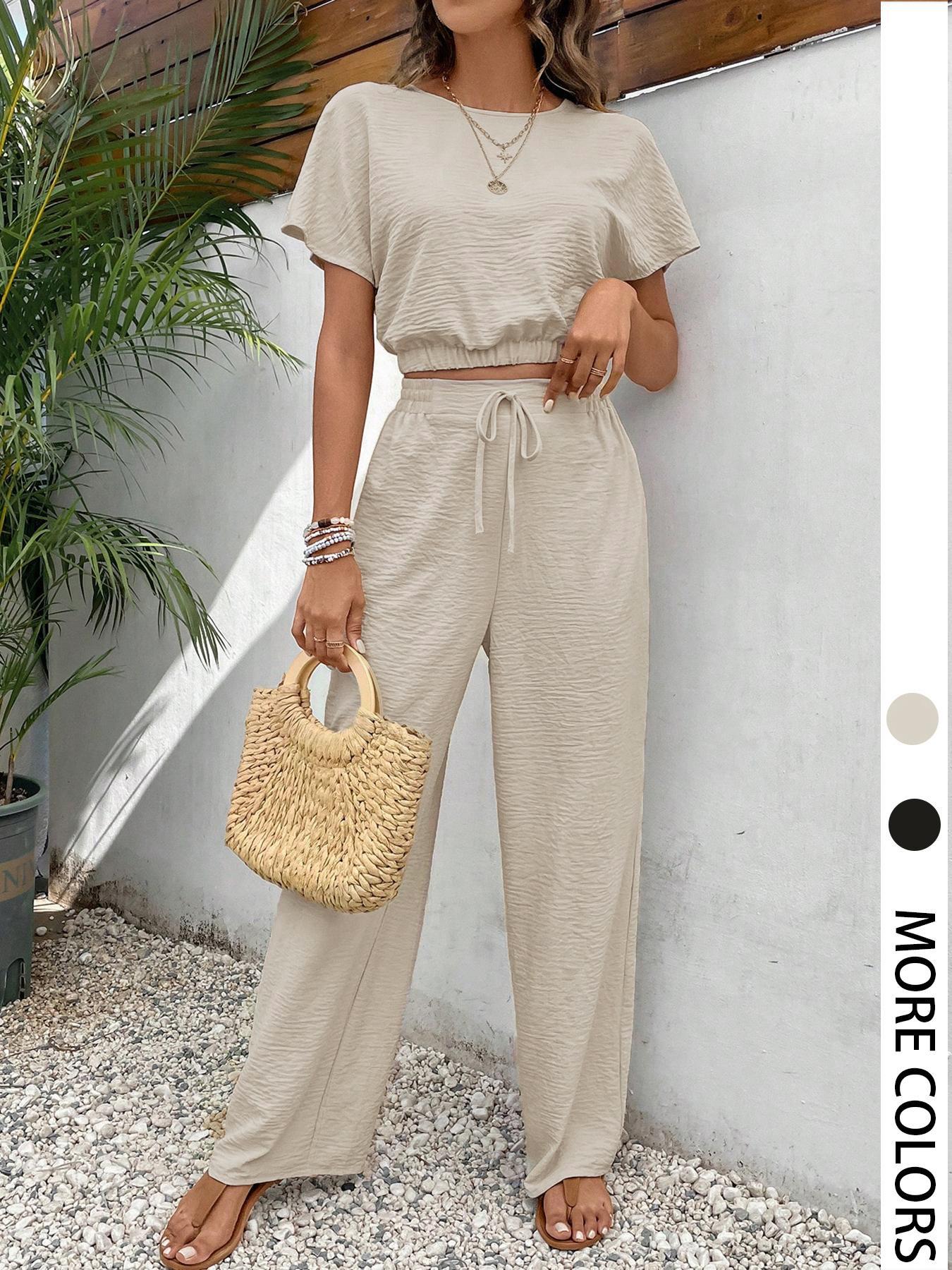 Women's Solid Color Short Top & Wide Leg Pants Two-piece Set, Casual Fashion Cozy Top & Trousers for Daily Outdoor Wear, Ladies Summer Clothes