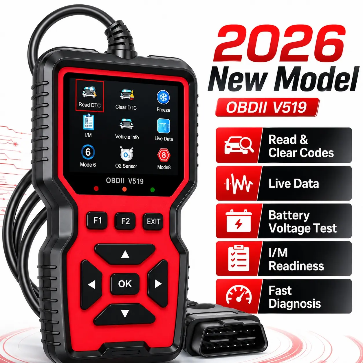 2026 Obd2 Scanner Automotive Diagnostic Tool V519, Engine Fault Code Reader, Live Data Stream, O2 Sensor Test, Battery Voltage Test for 12V Vehicles