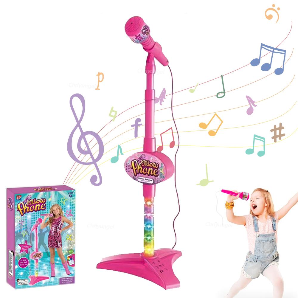 Kids Microphone with Stand Karaoke Song Music Instrument Toys Brain-Training Educational Toy Birthday Gift for Girl Boy LED Adjustable