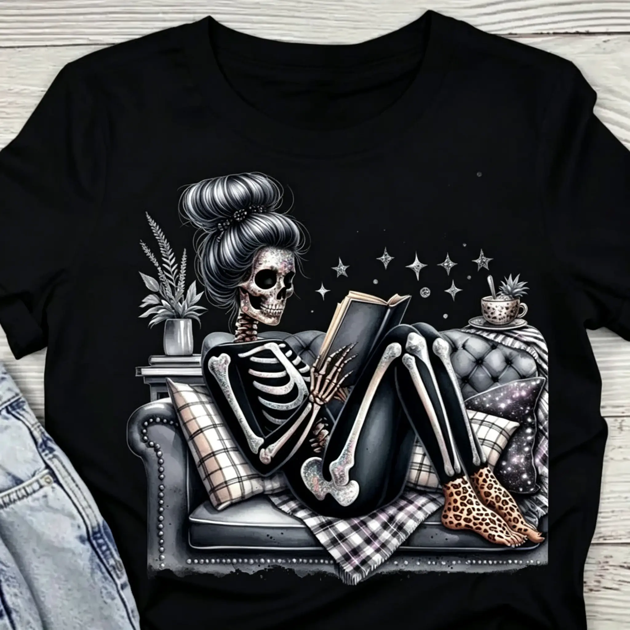 Homebody Glitter Skelly Oversized Tshirt Women Vintage Graphic Printed Tee Casual Short Sleeve Comfort Top