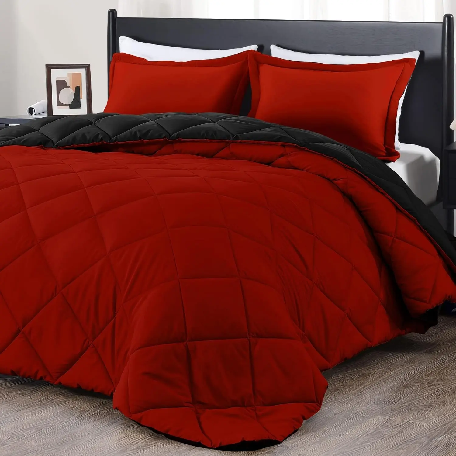 California King Comforter Set - Red and Black Cal King Comforter Set, Soft Bedding Sets for All Seasons - 3 Pieces - 1 Comforter (104"x96") and 2 Pillow Shams(20"x36")