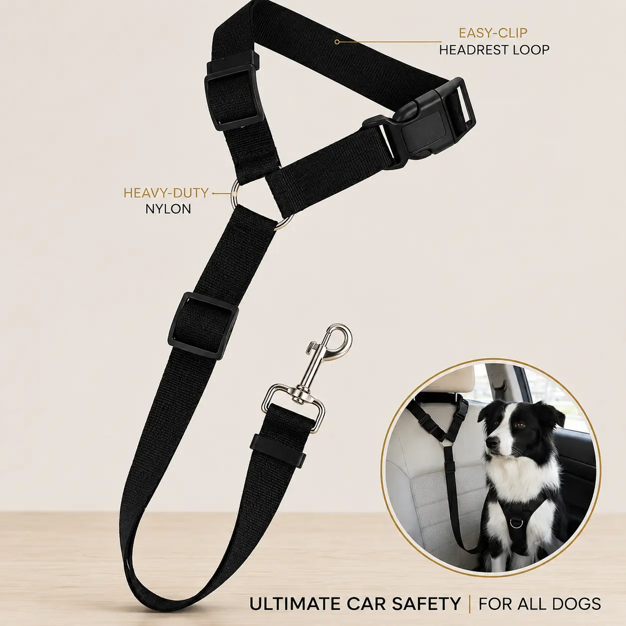 Dogs can use car seat belts, adjustable vehicle safety belt retractors with elastic buffer devices, suitable for small, medium-sized and large dogs. Practical nylon dog travel restraint belts, suitable for cars and trucks.